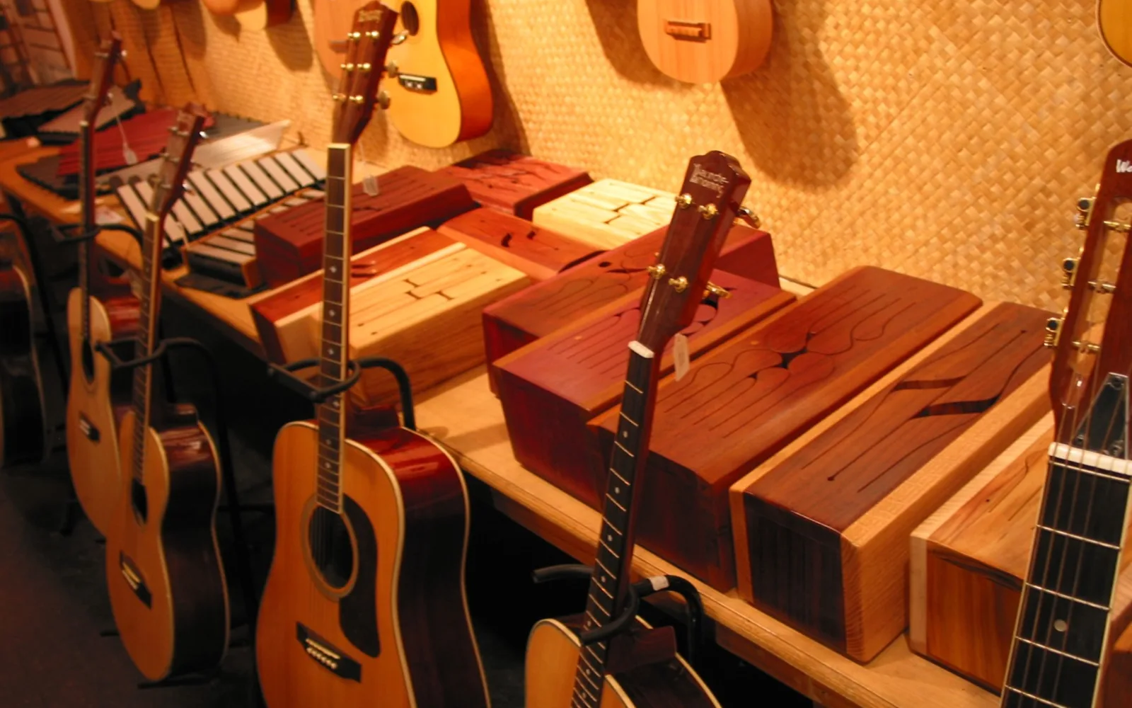 Acoustic guitars and musical instruments displayed in a San Francisco music store, representing the country music heritage of the Bakersfield Sound